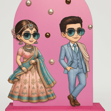 Handcrafted Indian couple table topper with a pink arch and pearl accents