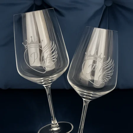 Personalized Engraved Wine Glass Set – Crown & Initial Design
